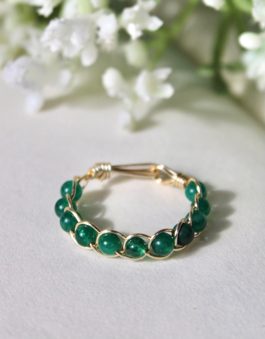 Dark Green Jade Braided Wire Ring